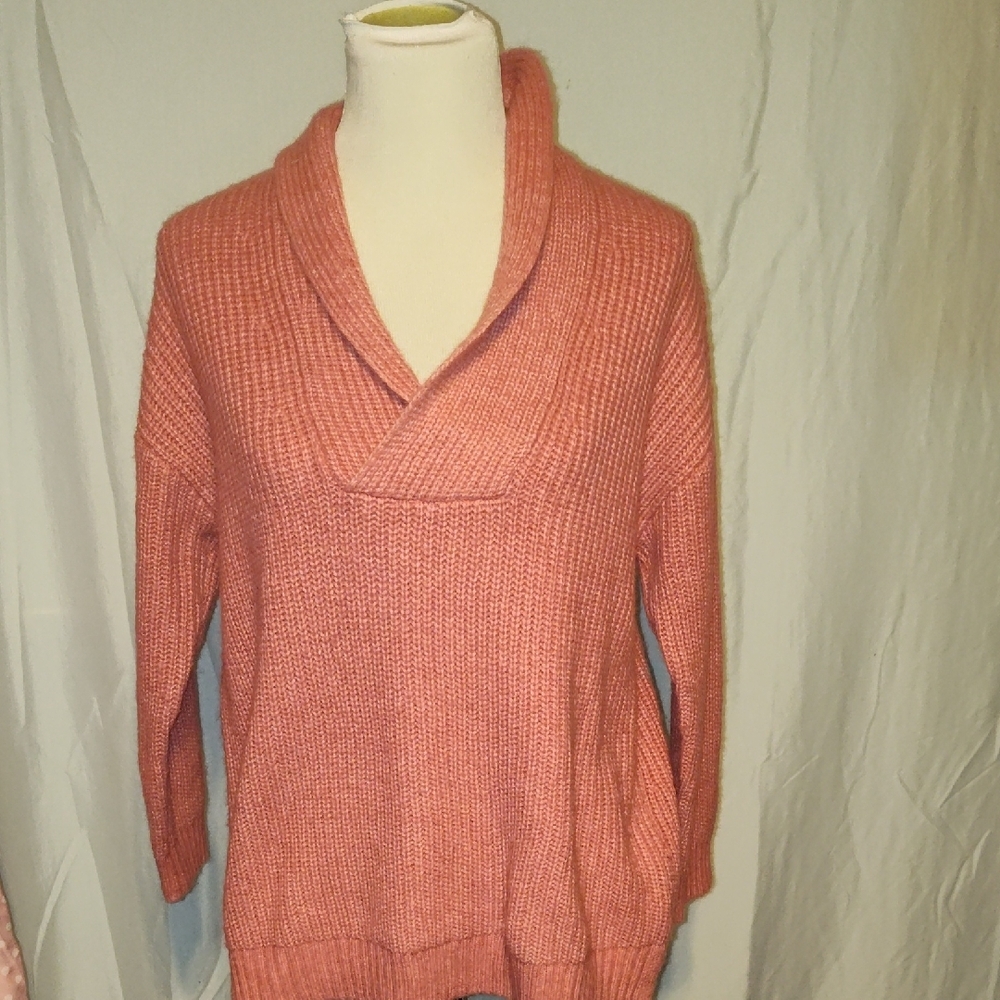 TALBOTS  Wool Blend Sweater Knit Shawl Collar Pullover Size Large Petite Pink